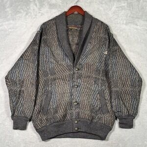 Vintage Geiger Sweater Mens L 50 Gray Wool Alpaca Chunky Knit Button Cardigan